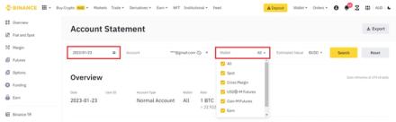 Account statement summary on Binance
