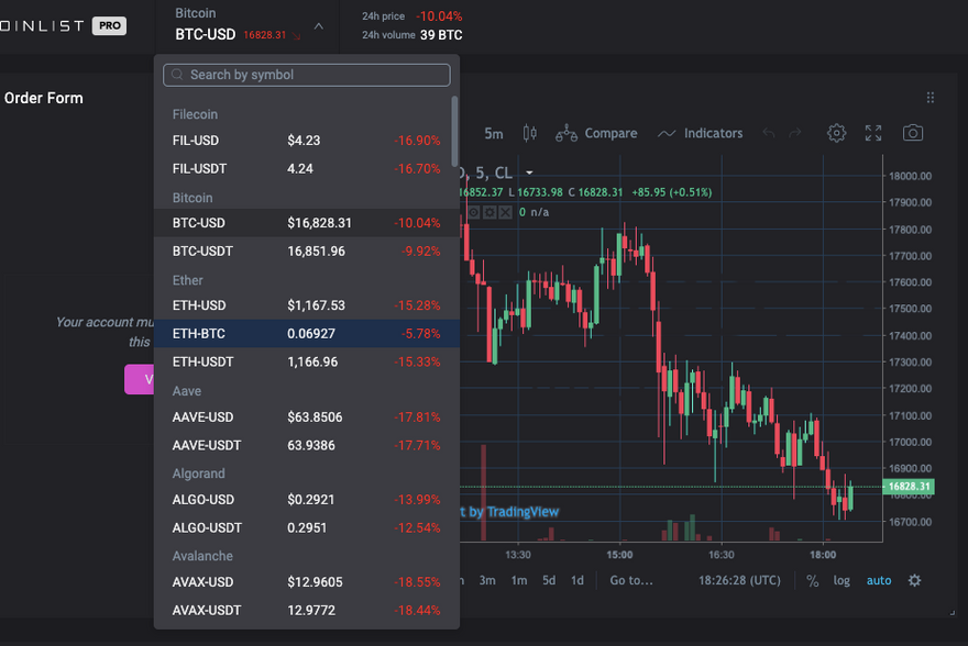 Selecting trading pairs on CoinList Pro
