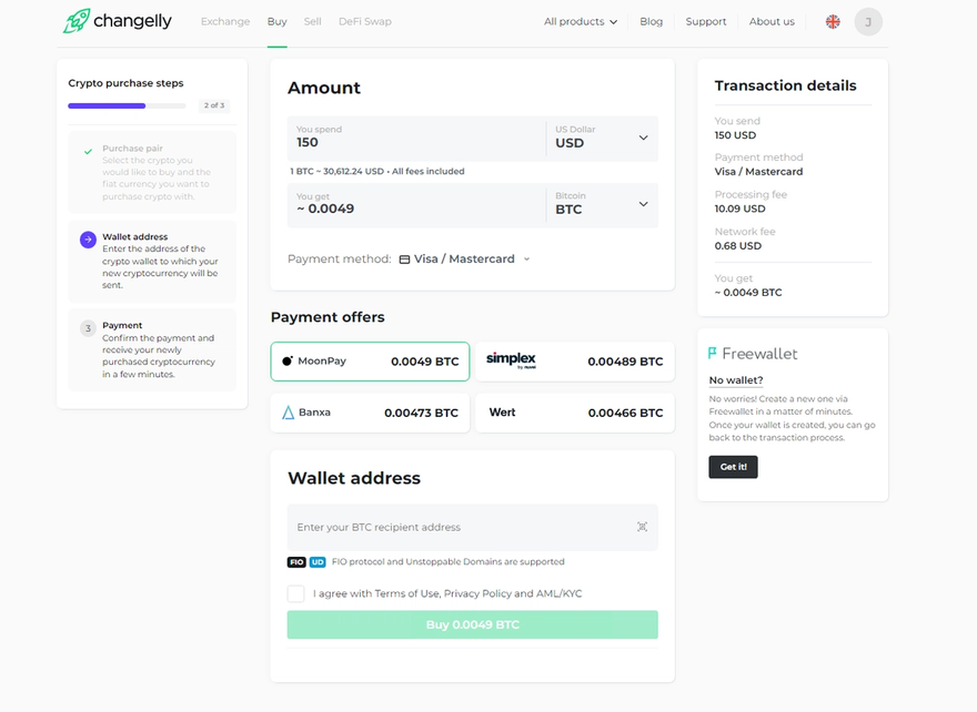 Buying Crypto on Changelly