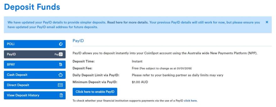 AUD deposit options on Coinspot