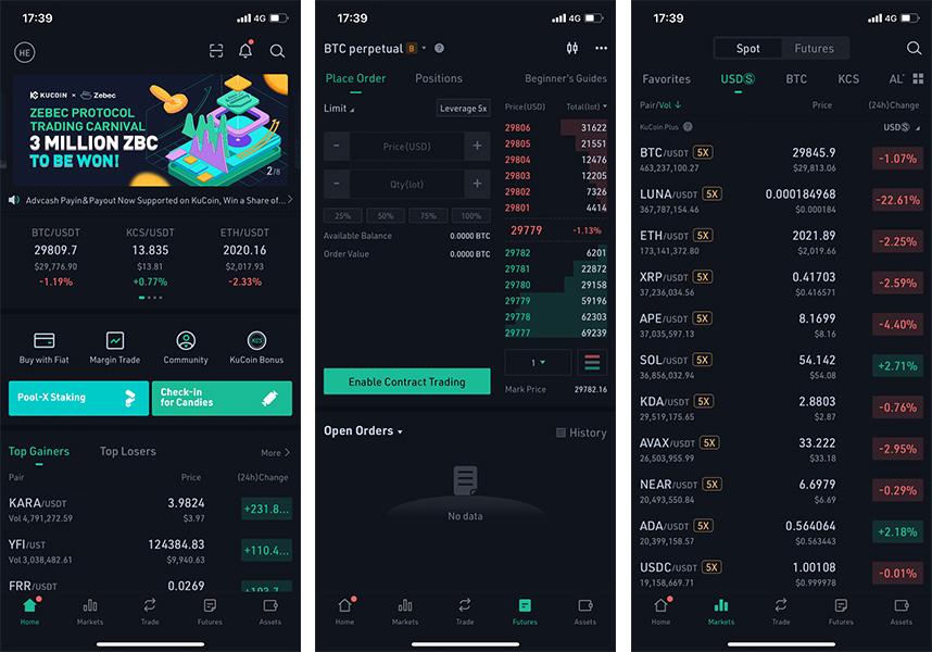 Screenshots of the Kucoin mobile trading app