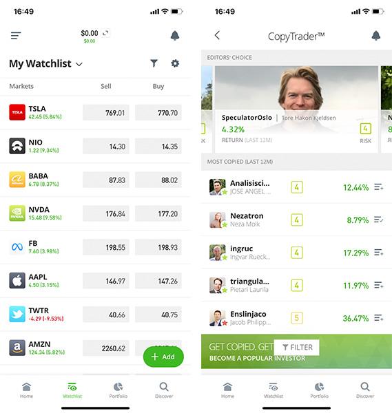 Screenshots of the eToro mobile app
