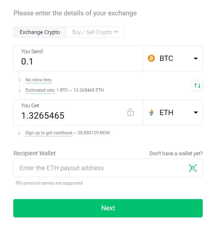 enter the amount of crypto to swap on ChangeNow