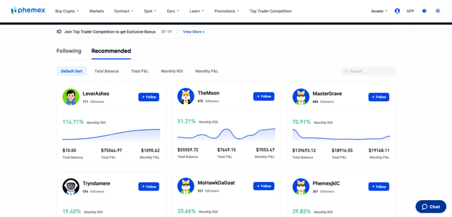 Screenshot of the Phemex copy trading platform