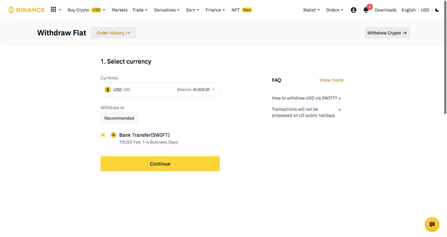 Withdrawing fiat from Binance page