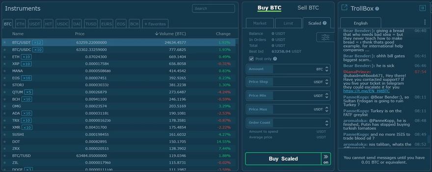 HitBTC order window and troll box