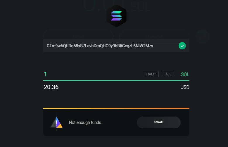 Sending a transaction with Exodus Wallet.