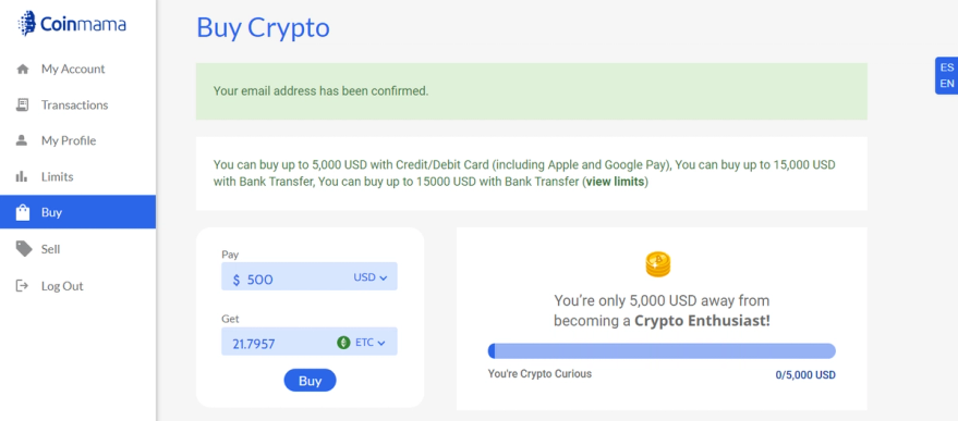 Buy crypto Dashboard coinmama
