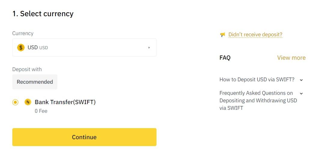Depositing funds to Binance with bank transfer