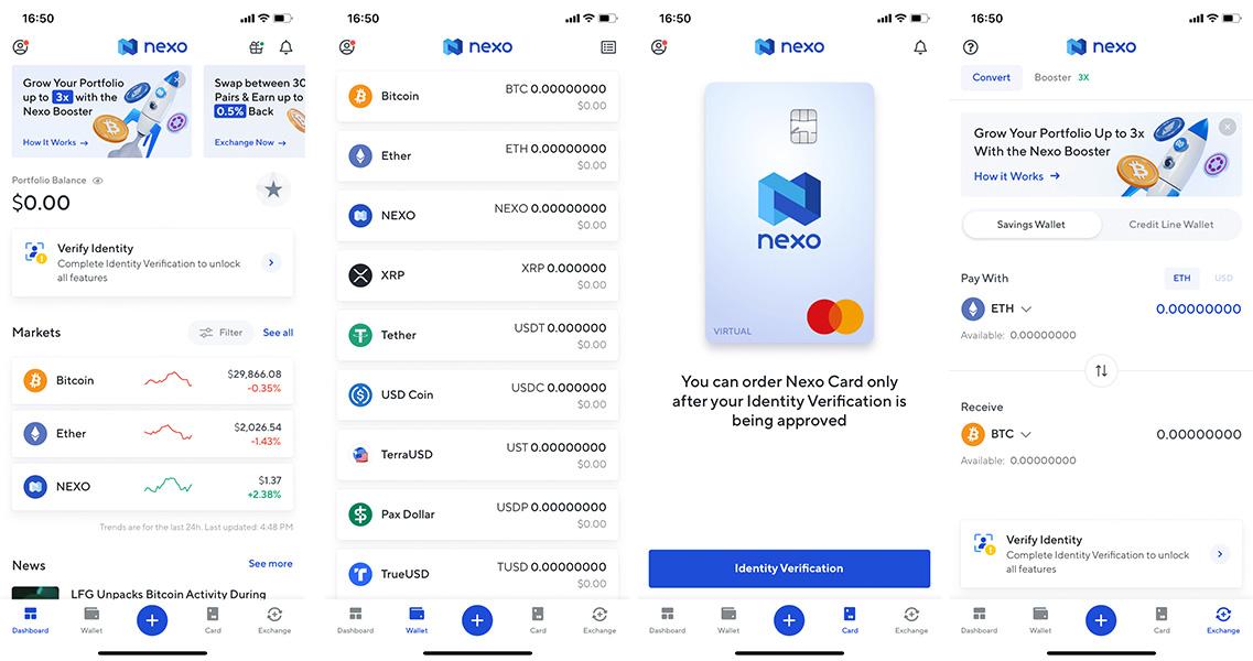 Screenshots of the Nexo mobile app