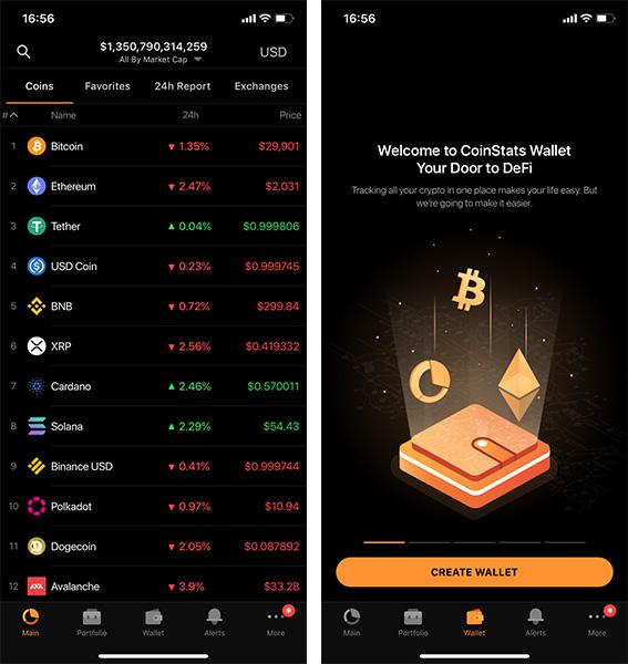 Screenshots of the CoinStats mobile app