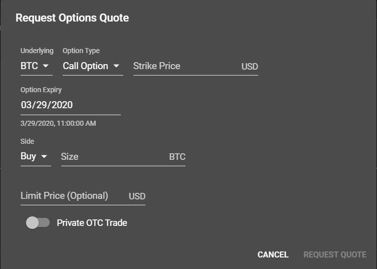 Screenshot of the FTX options order form