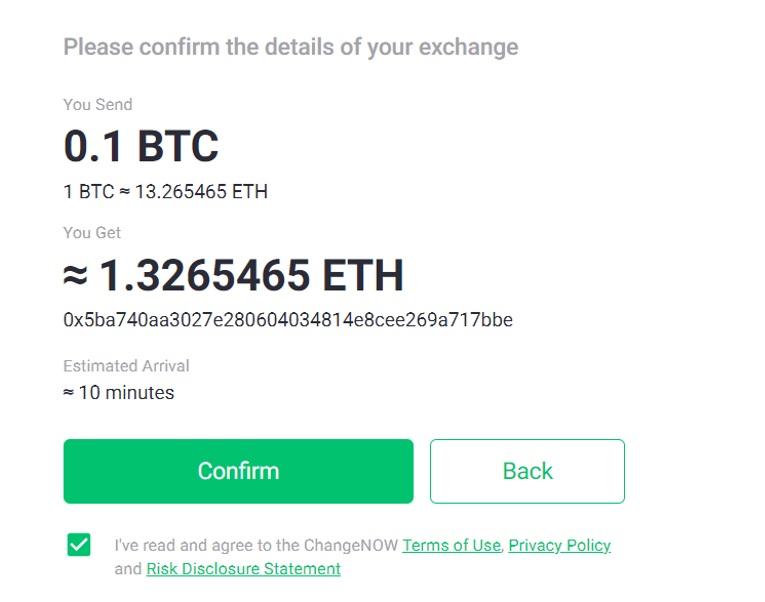 changenow confirm crypto swap