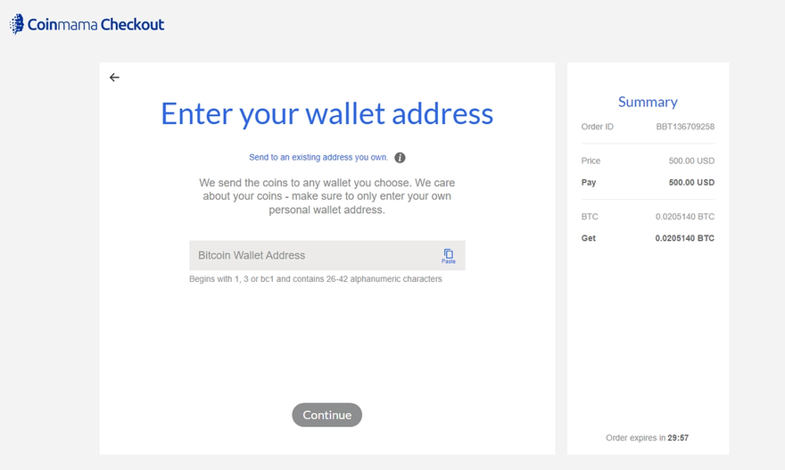 Enter Wallet Address to Coinmama before buying