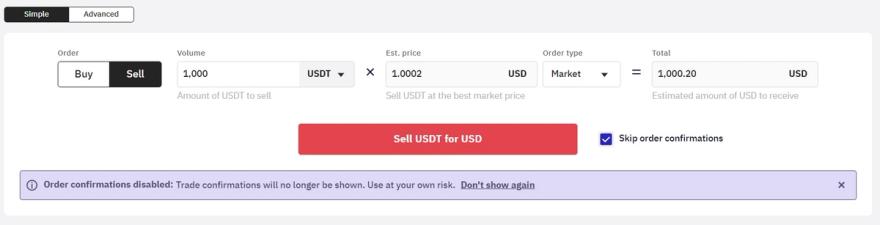 Sell order for USDT to USD on Kraken