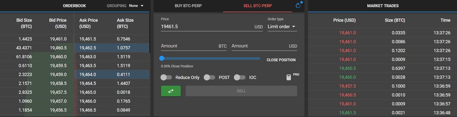 Screenshot of the FTX order entry and orderbook