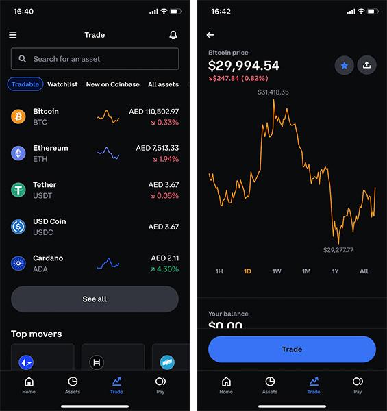 Screenshots of the Coinbase mobile app