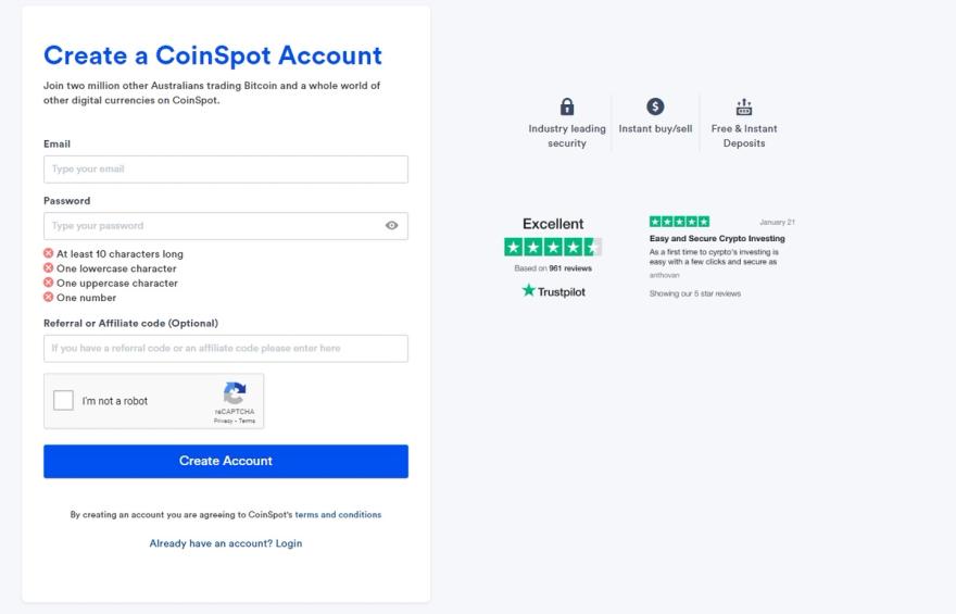 Create an account with Coinspot