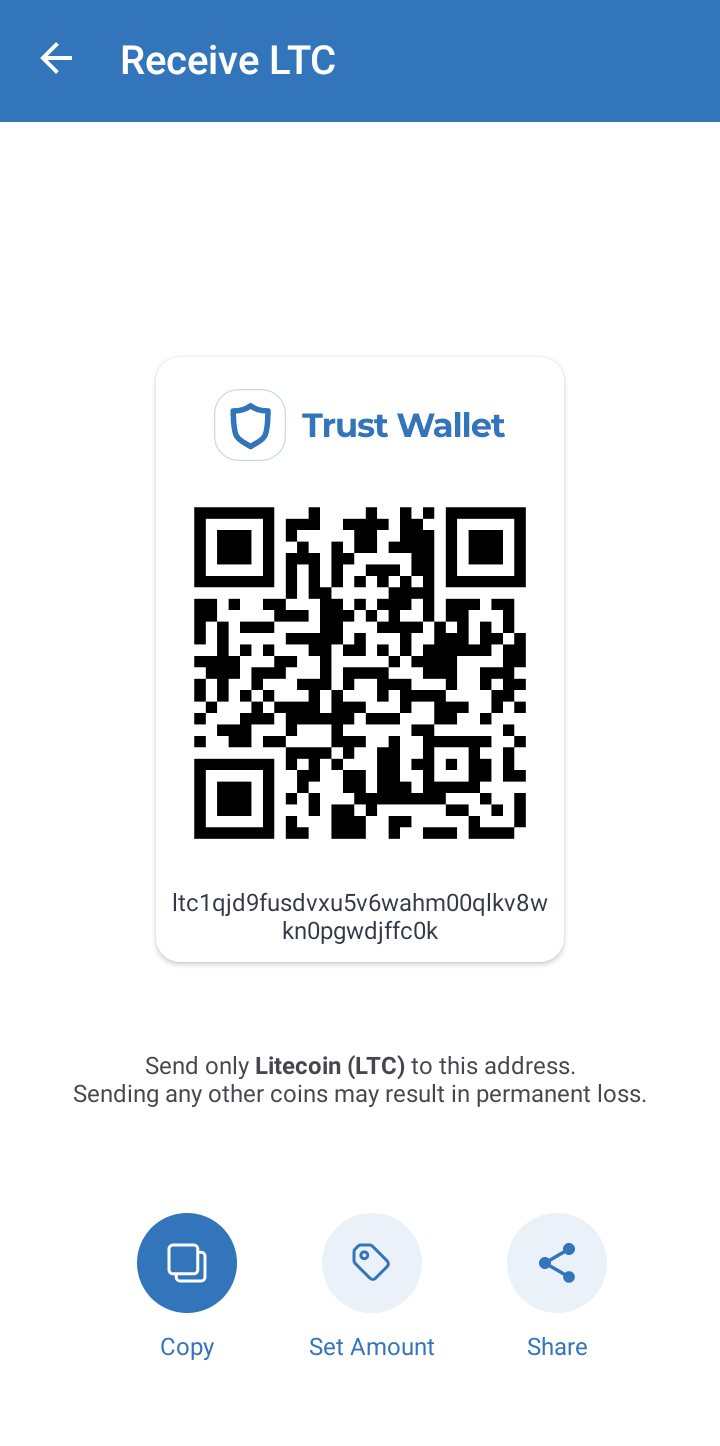 Copying the crypto wallet address on Trust Wallet