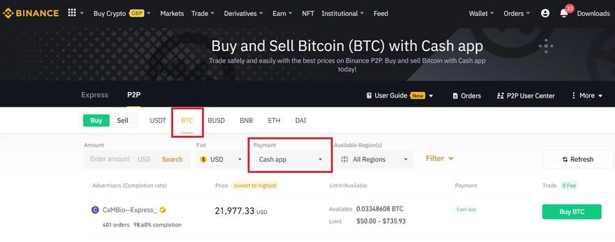 Select BTC and Cash App in Binance P2P