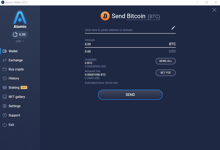 Atomic Wallet sending bitcoin