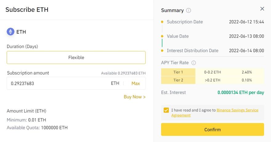 ETH flexible savings account on Binance