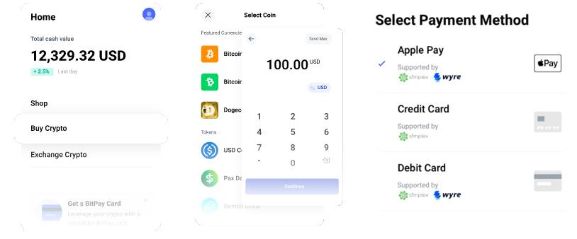 screenshot using Bitpay app and selecting Apple Pay