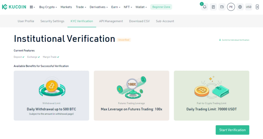 Institutional and corporate verification on KuCoin