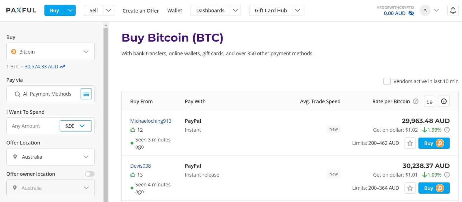 Screenshot of Paxful P2P to buy Bitcoin