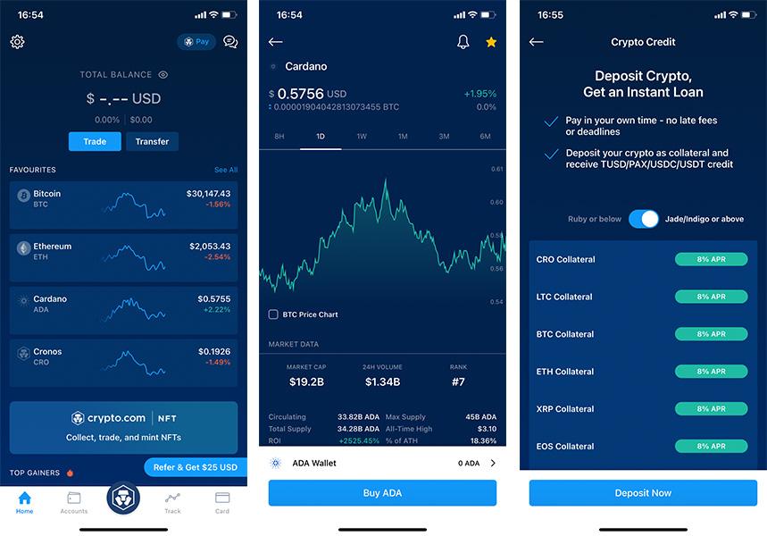 Screenshots of the Crypto.com app to buy crypto