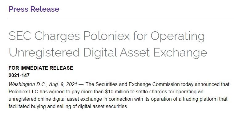 Poloniex fined by SEC