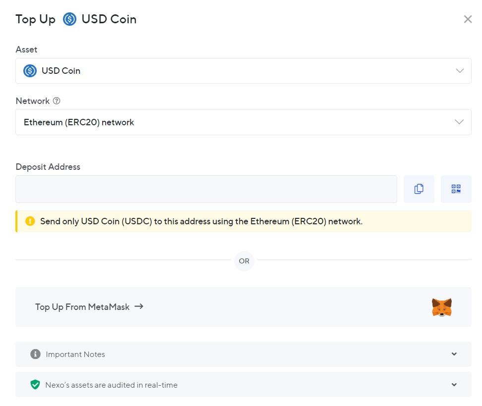 Top up USDC to Nexo