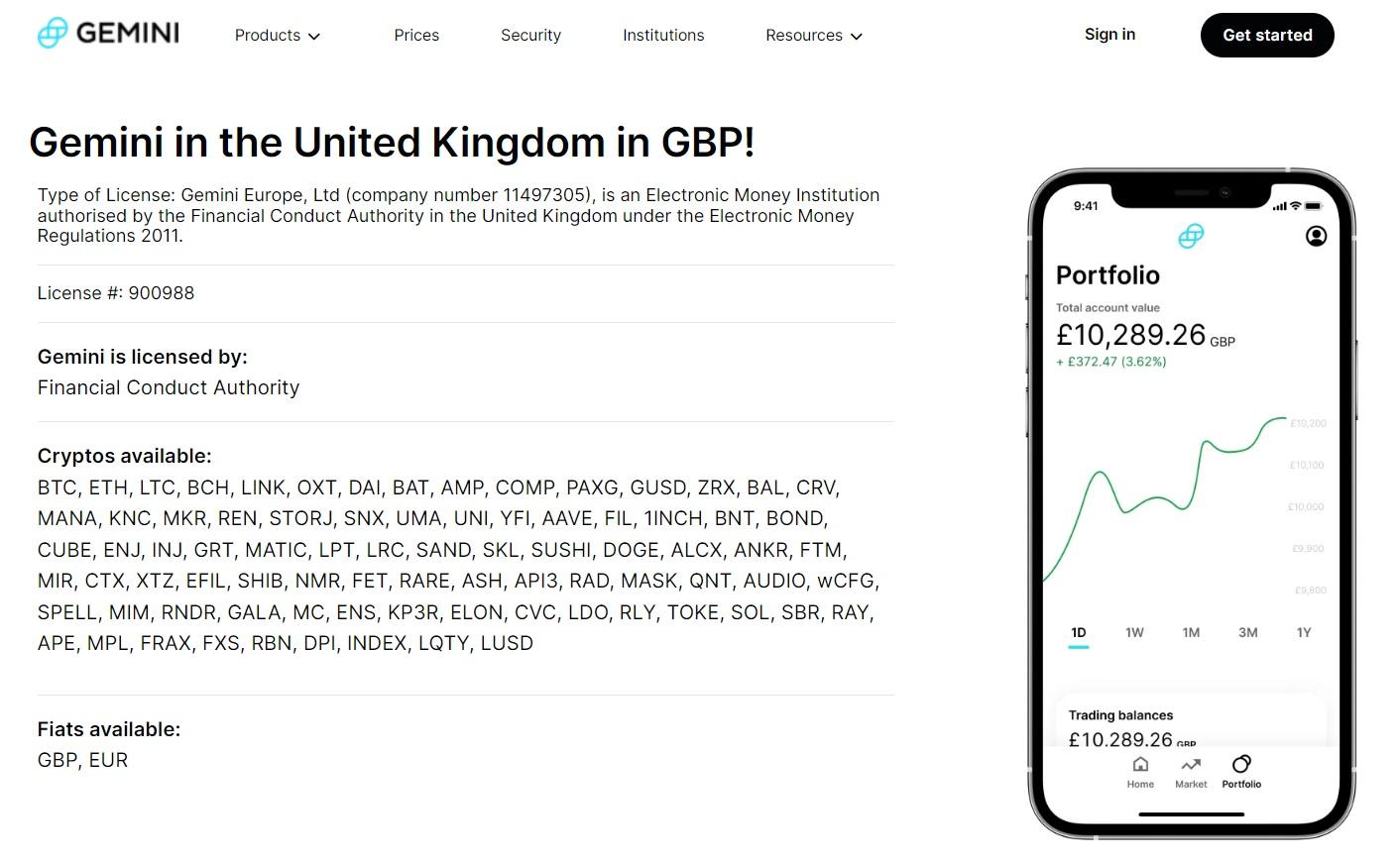 Gemini website and FCA licence for UK