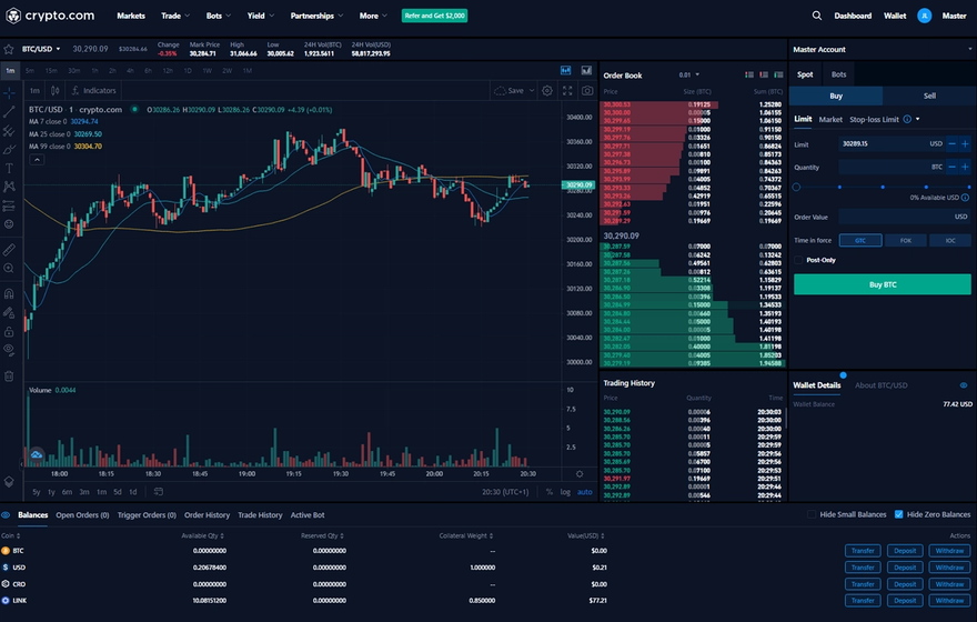 screenshot of the Trading Interface on Crypto.com