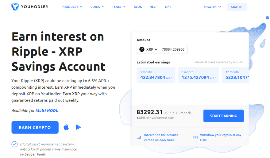 YouHodler earn interest with XRP in saving account