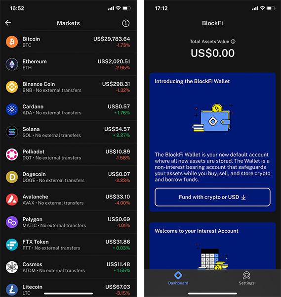 Screenshots of the Blockfi mobile app