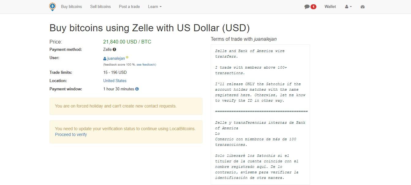 Purchasing Bitcoin with Zelle on LocalBitcoins