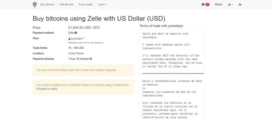 Purchasing Bitcoin with Zelle on LocalBitcoins
