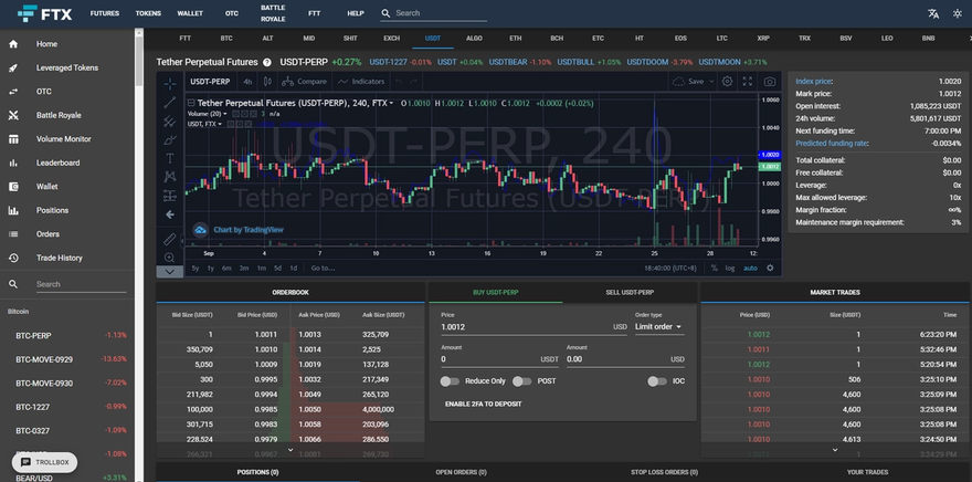 Screenshot of the FTX margin trading terminal