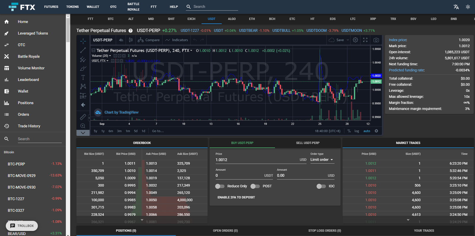 Screenshot of the FTX trading terminal