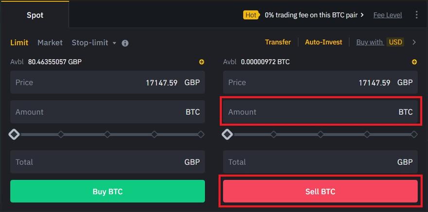 Enter amount of BTC to sell on Binance