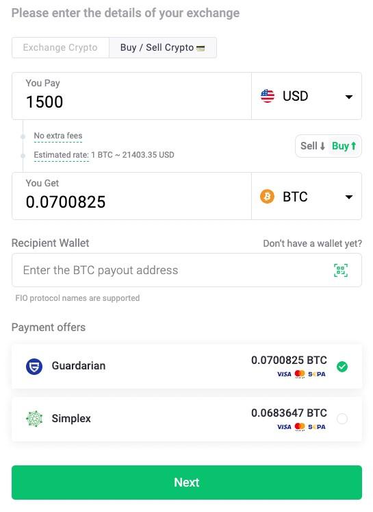 Buying crypto on changenow screenshot