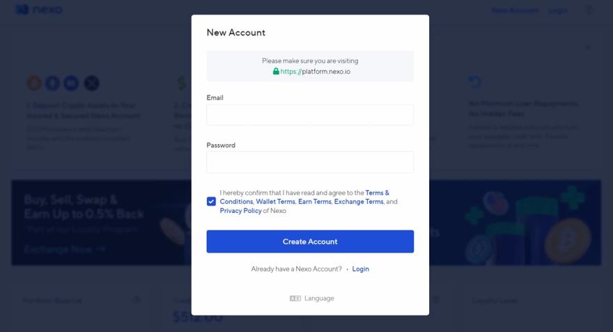 Creating an account with Nexo