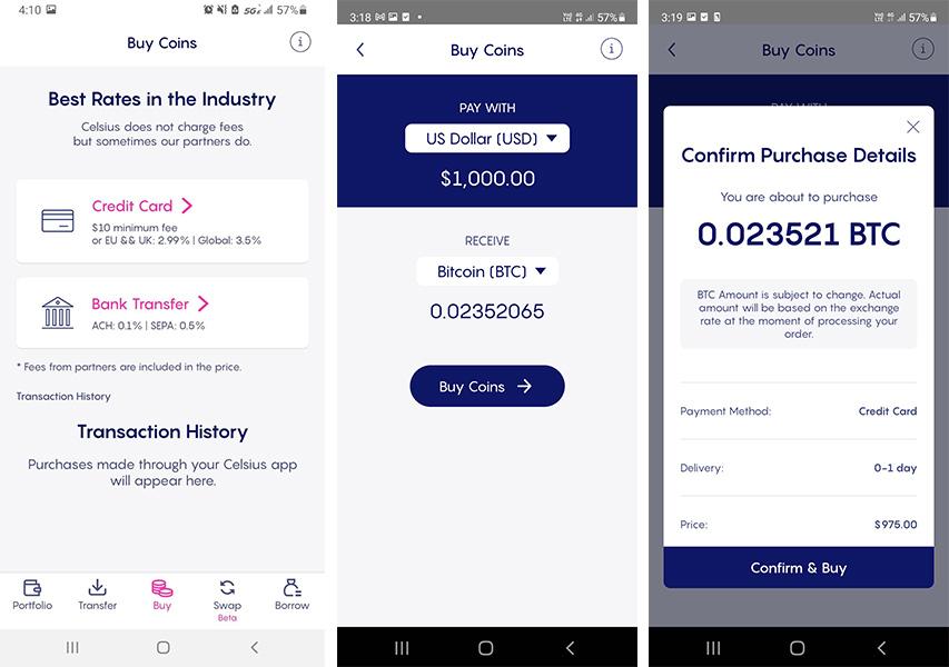 Buying crypto with Celsius app