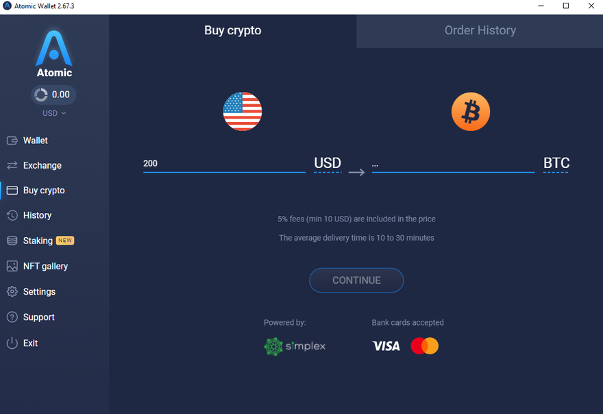 Buying crypto on Atomic wallet