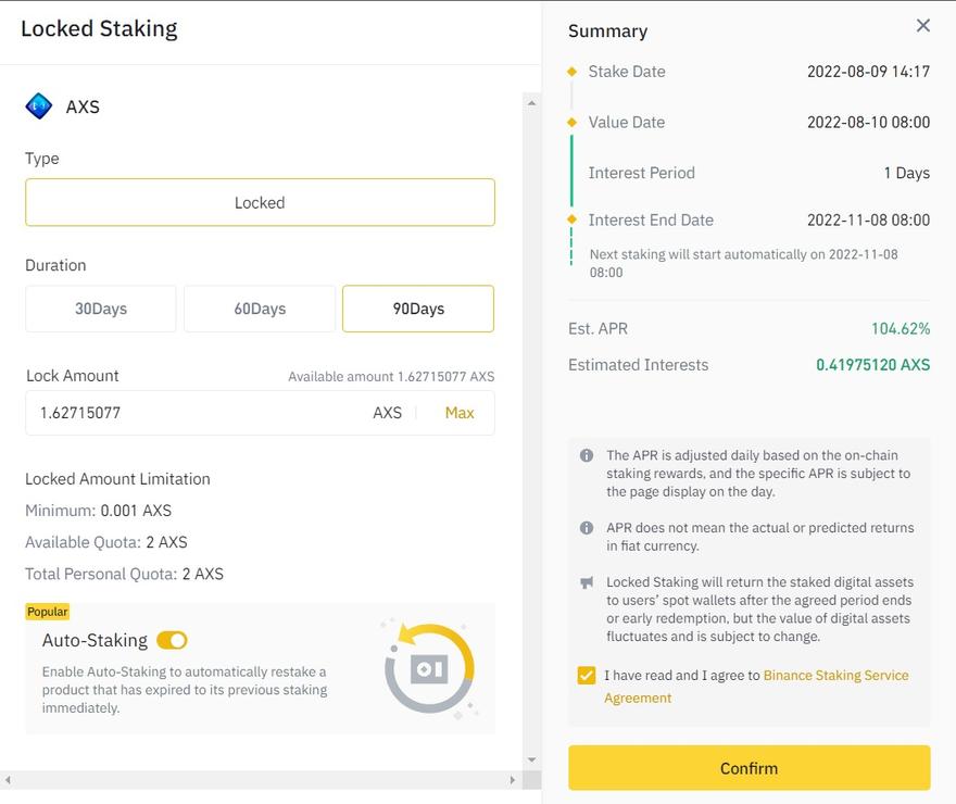 Staking AXS for 90 days on Binance