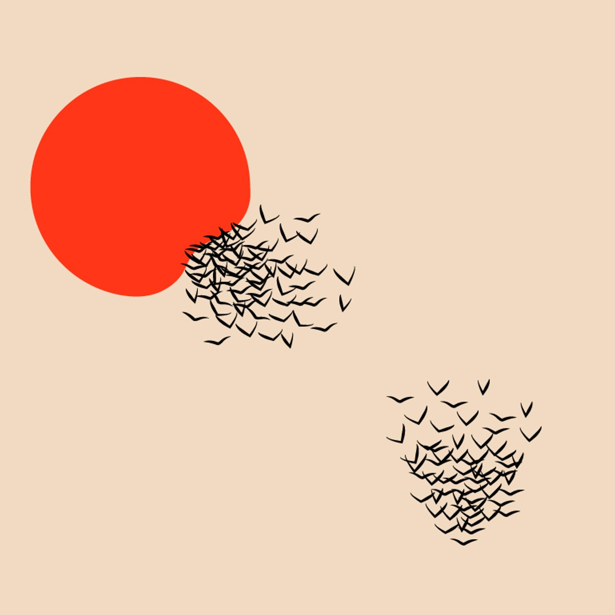 Illustration of the "Creatures" chapter depicting a red sun and flock of birds.