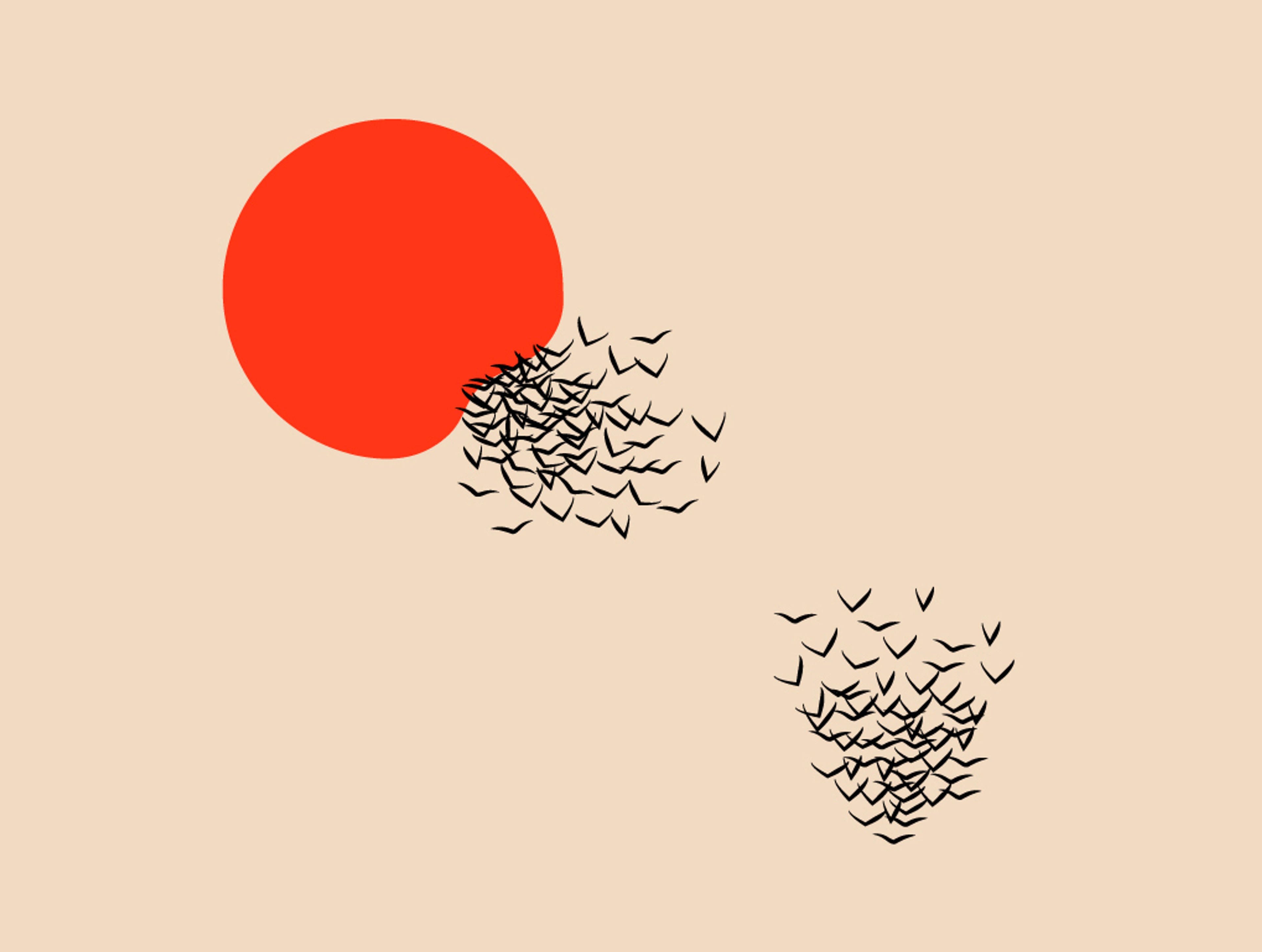 Illustration du chapitre "Créatures" montrant un soleil rouge et des nuées d'oiseaux