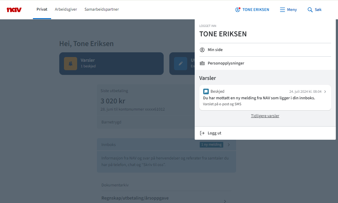 Viser toppmeny (dekoratør) for innlogget privatperson med en rød prikk ved innlogget navn, og inngang til aktive varsler i en liste