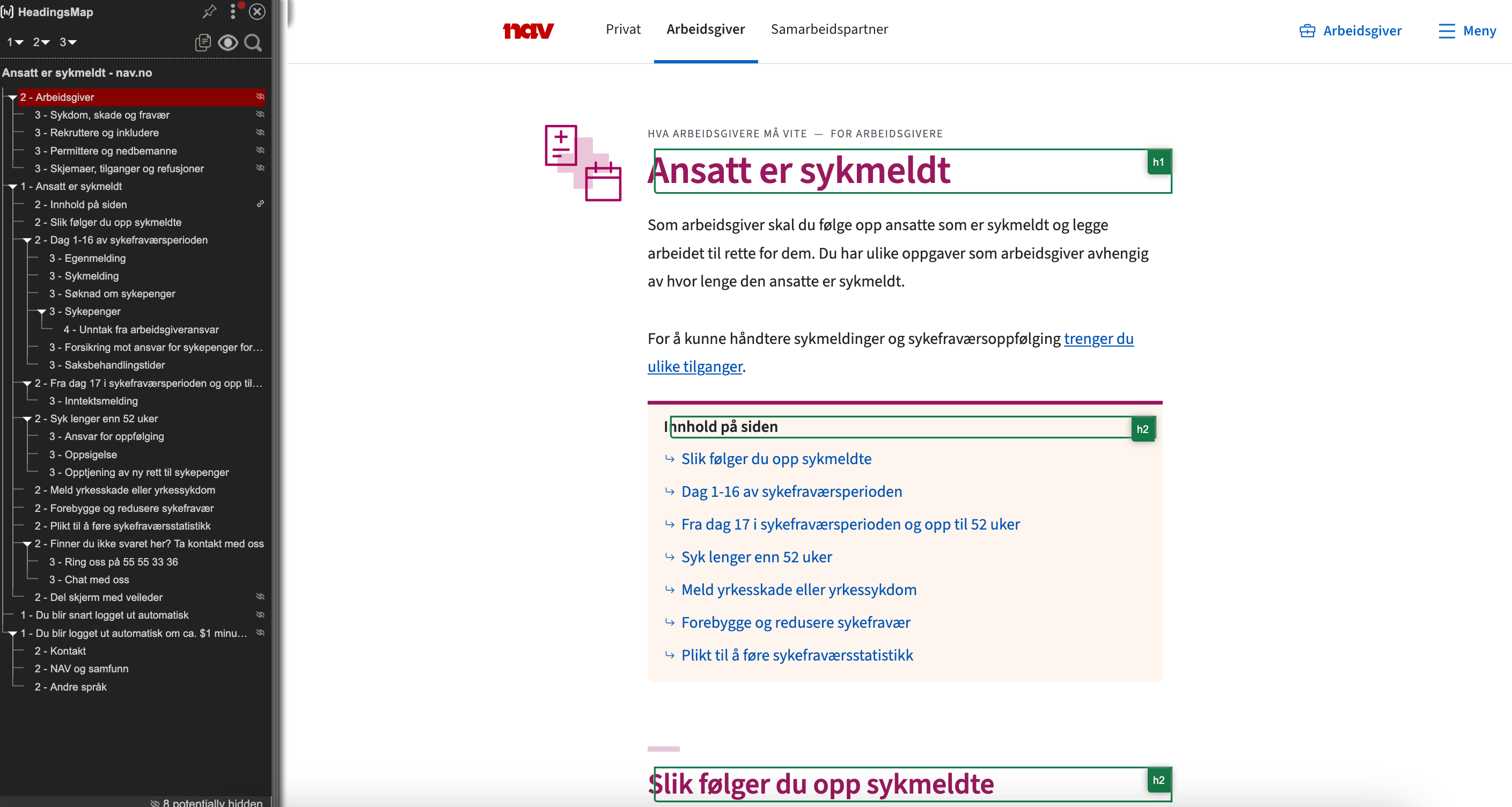 Side "Ansatt er sykemeldt" på nav.no. På venstre side vises overskriftsstrukturen som en innholdsfortegnelse.